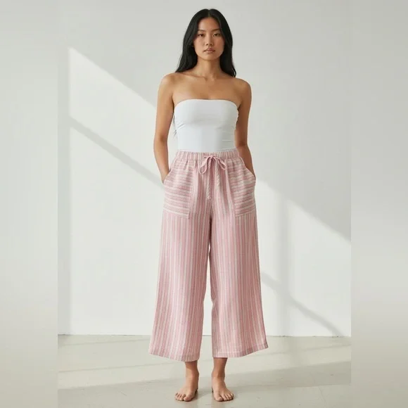 995. Wide leg high rise ankle length casual pant in pink - Picture 1 of 2